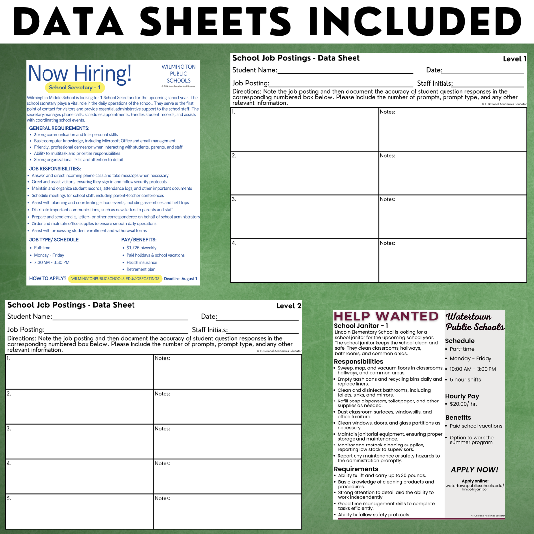 School Job Postings 1 - Reading Job Descriptions - Vocational Skills Worksheets