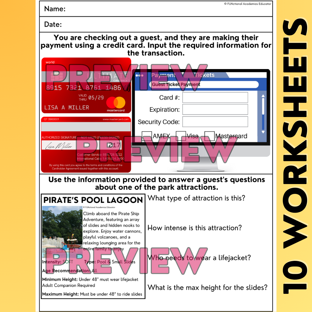 Water Park - Vocational Skills Worksheets - Workplace Readiness - Job Skills