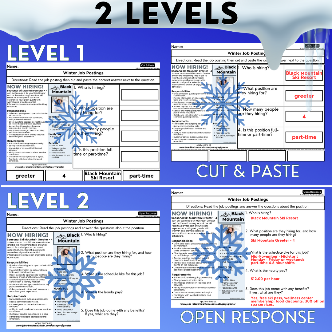 Winter Job Postings - Functional Reading - Vocational Activities - Worksheets