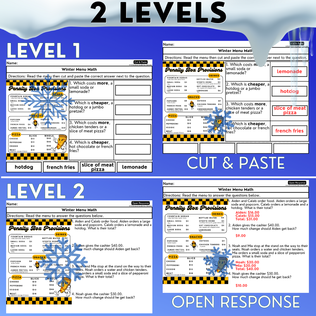 Menu Math Winter-Themed Worksheets - Total Cost & Change Back - Real-World Math