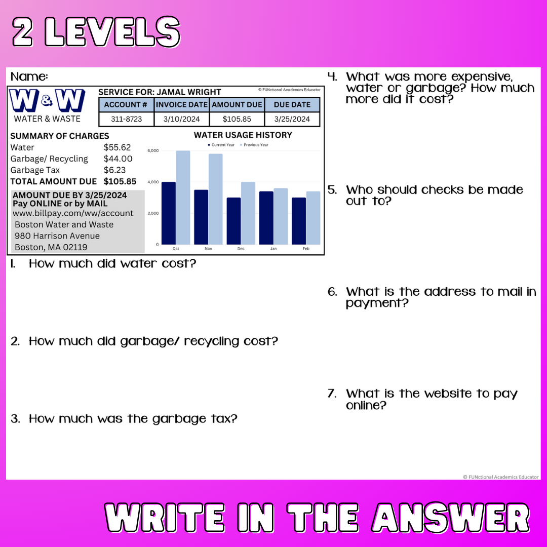 Paying Bills FREEBIE - Reading Utility Bills - Life Skills