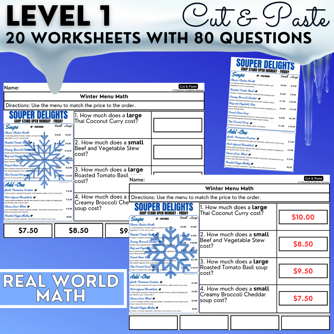 Menu Math Winter-Themed Worksheets - Total Cost & Change Back - Real-World Math