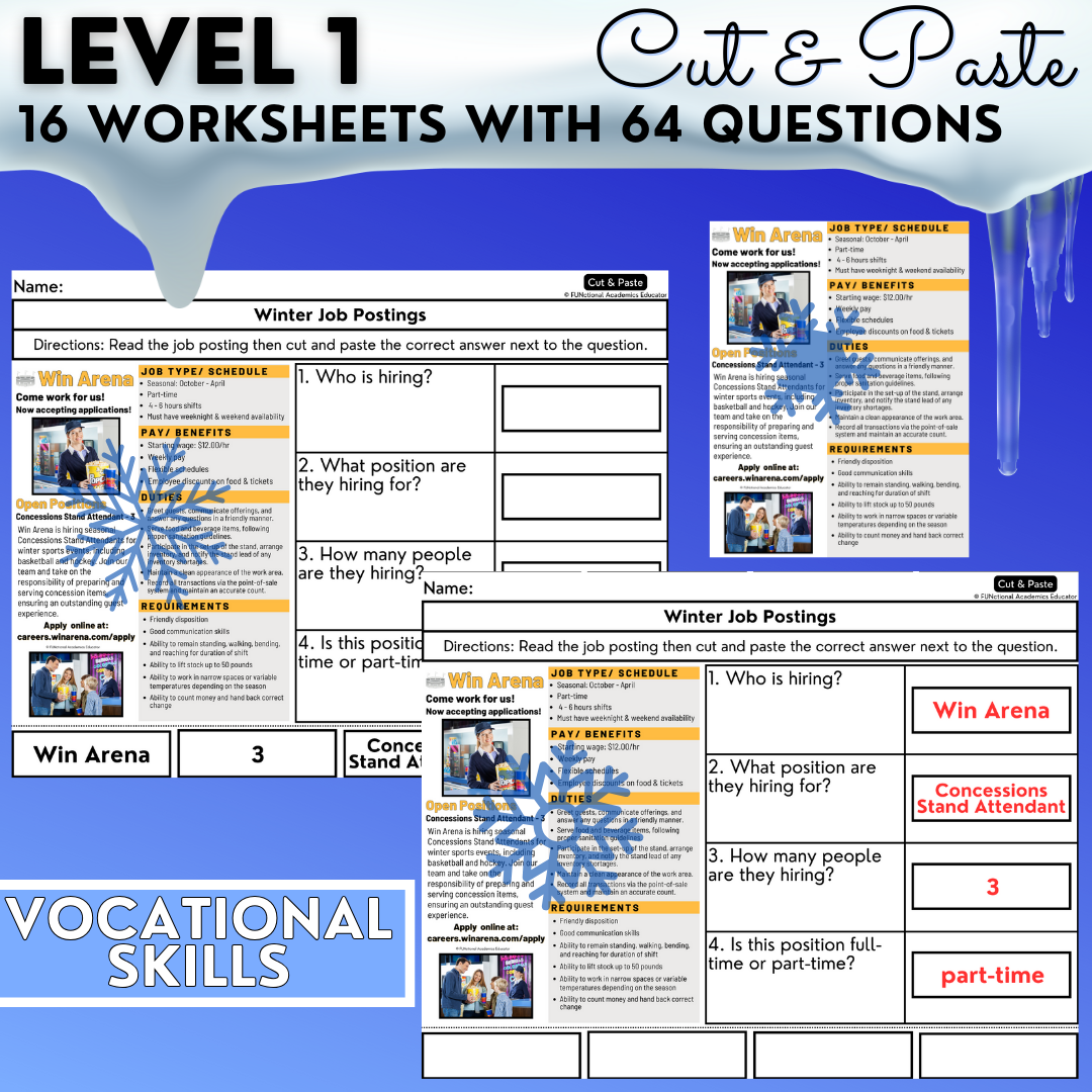 Winter Job Postings - Functional Reading - Vocational Activities - Worksheets