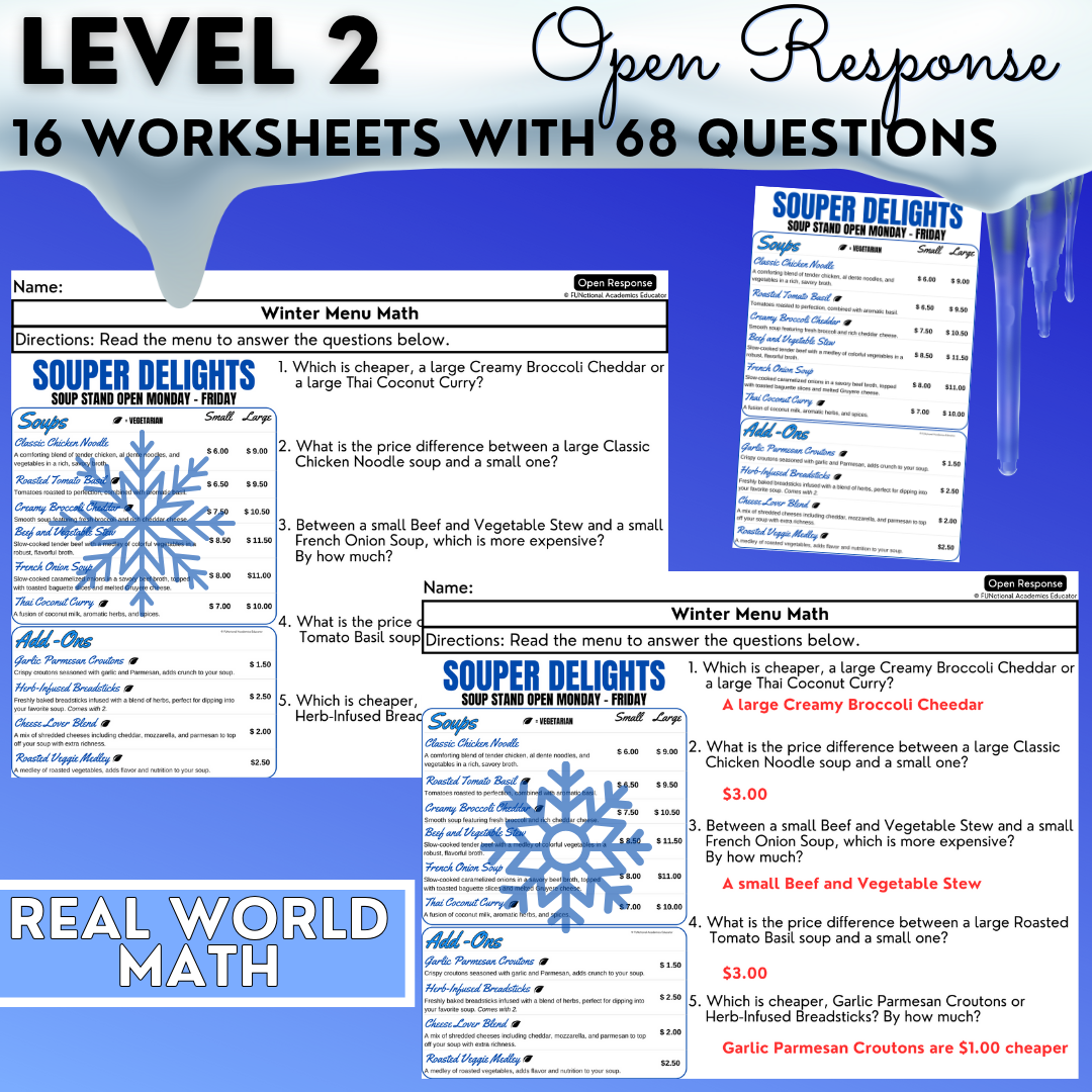 Menu Math Winter-Themed Worksheets - Total Cost & Change Back - Real-World Math