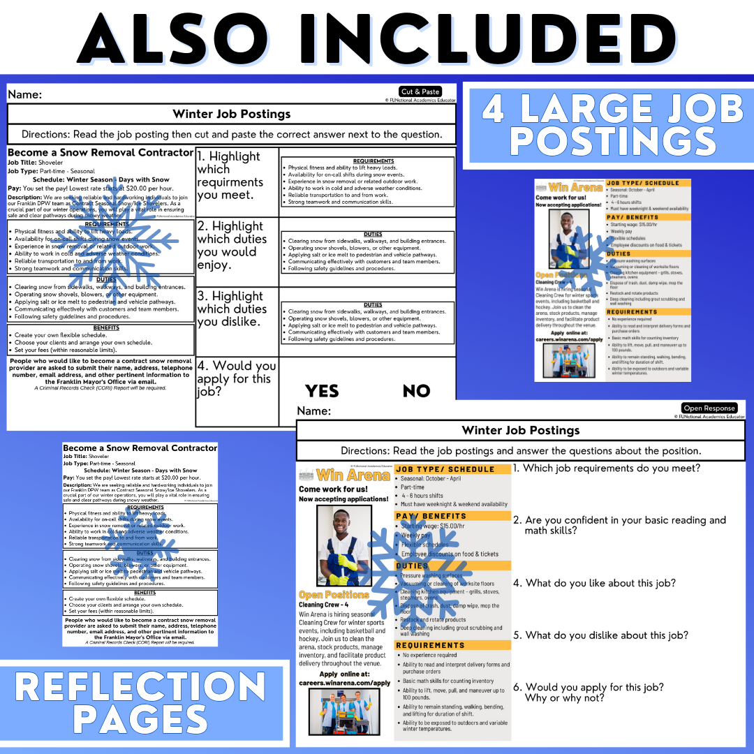Winter Job Postings - Functional Reading - Vocational Activities - Worksheets