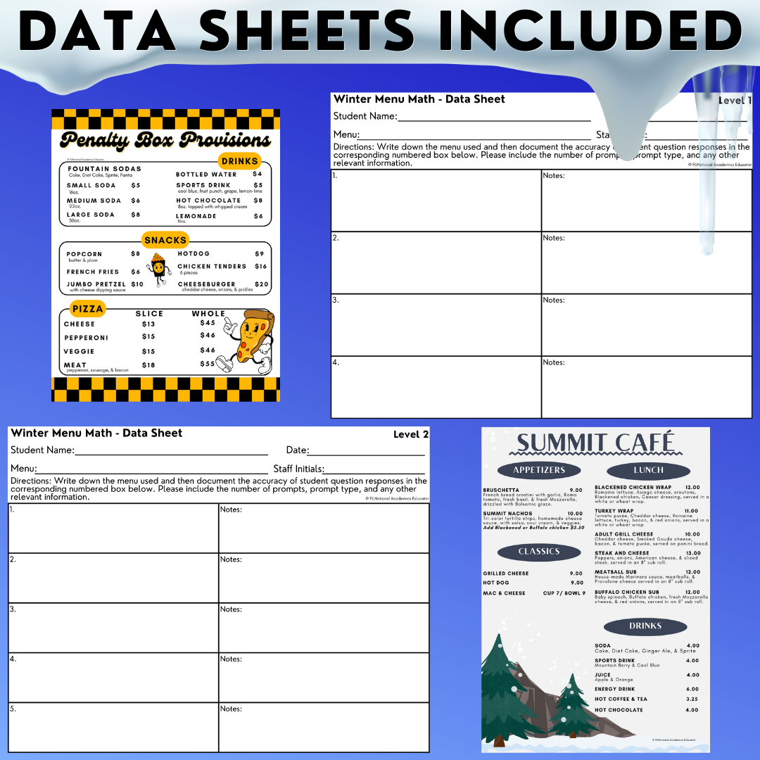 Winter Menus BUNDLE - Reading Menus & Menu Math - Life Skills