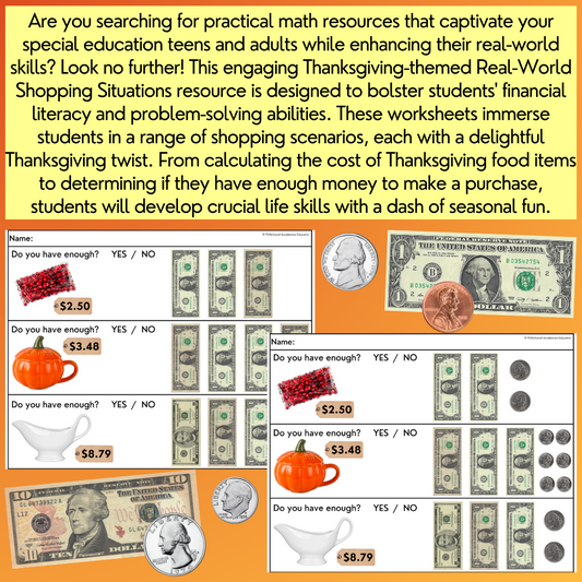 Thanksgiving Shopping Task Cards/ Worksheets  - Money Math - Special Education