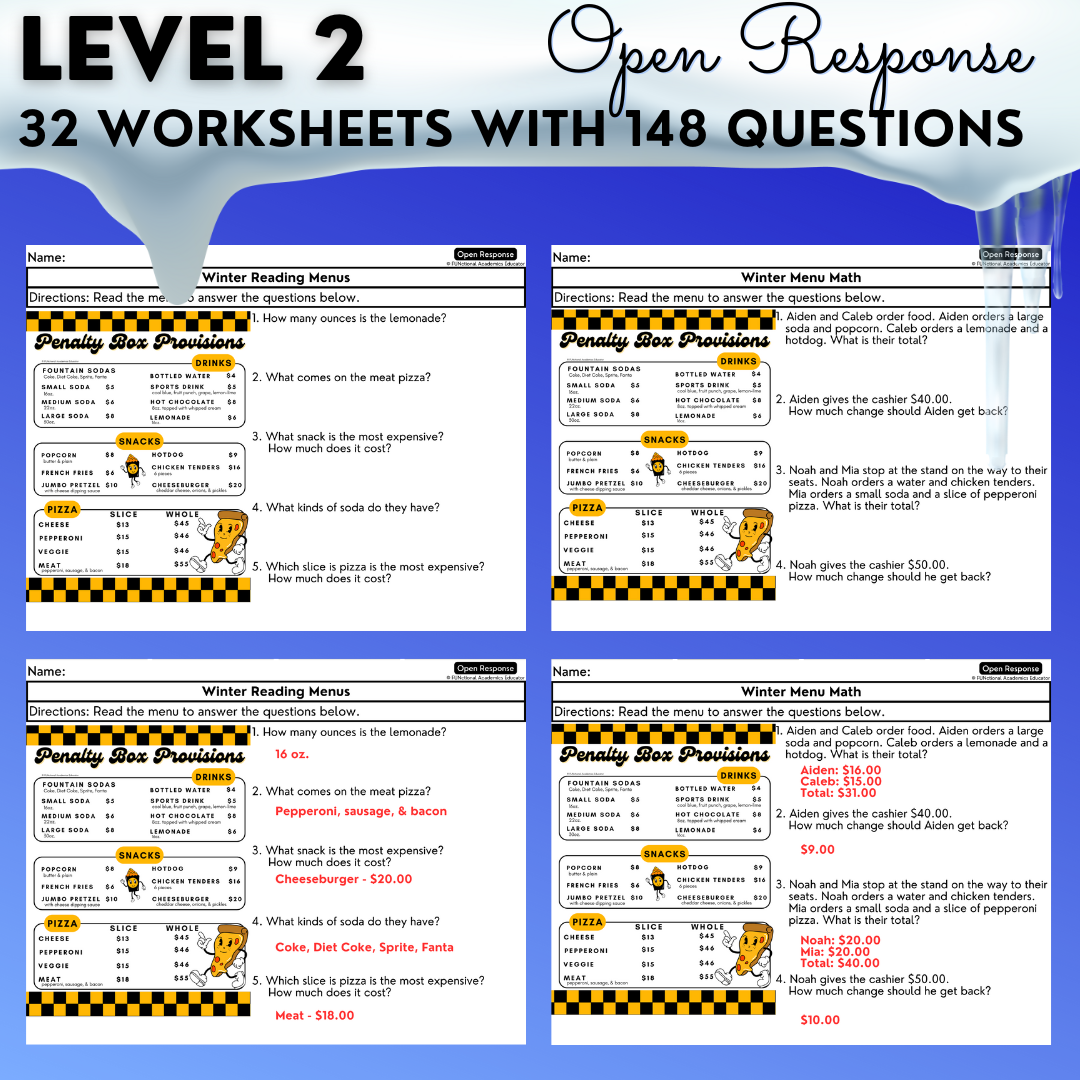 Winter Menus BUNDLE - Reading Menus & Menu Math - Life Skills
