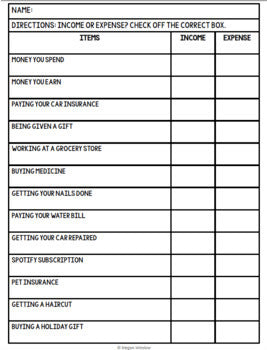 Income & Expenses - Budgeting - Life Skills - Special Education