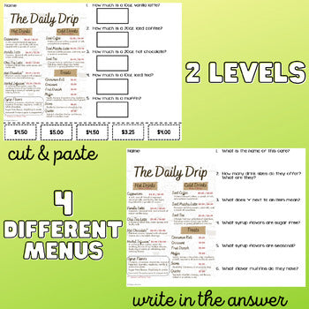 Understanding Menus Unit 4 - Reading Menus & Menu Math - Life Skills