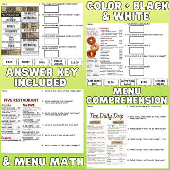 Understanding Menus BUNDLE - Reading Menus & Menu Math - Life Skills