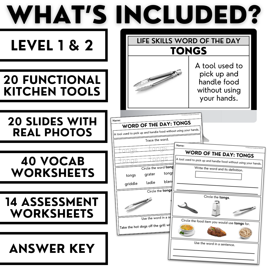 Kitchen Tools Unit 1 Bundle - Life Skills Word of the Day Level 1 & 2