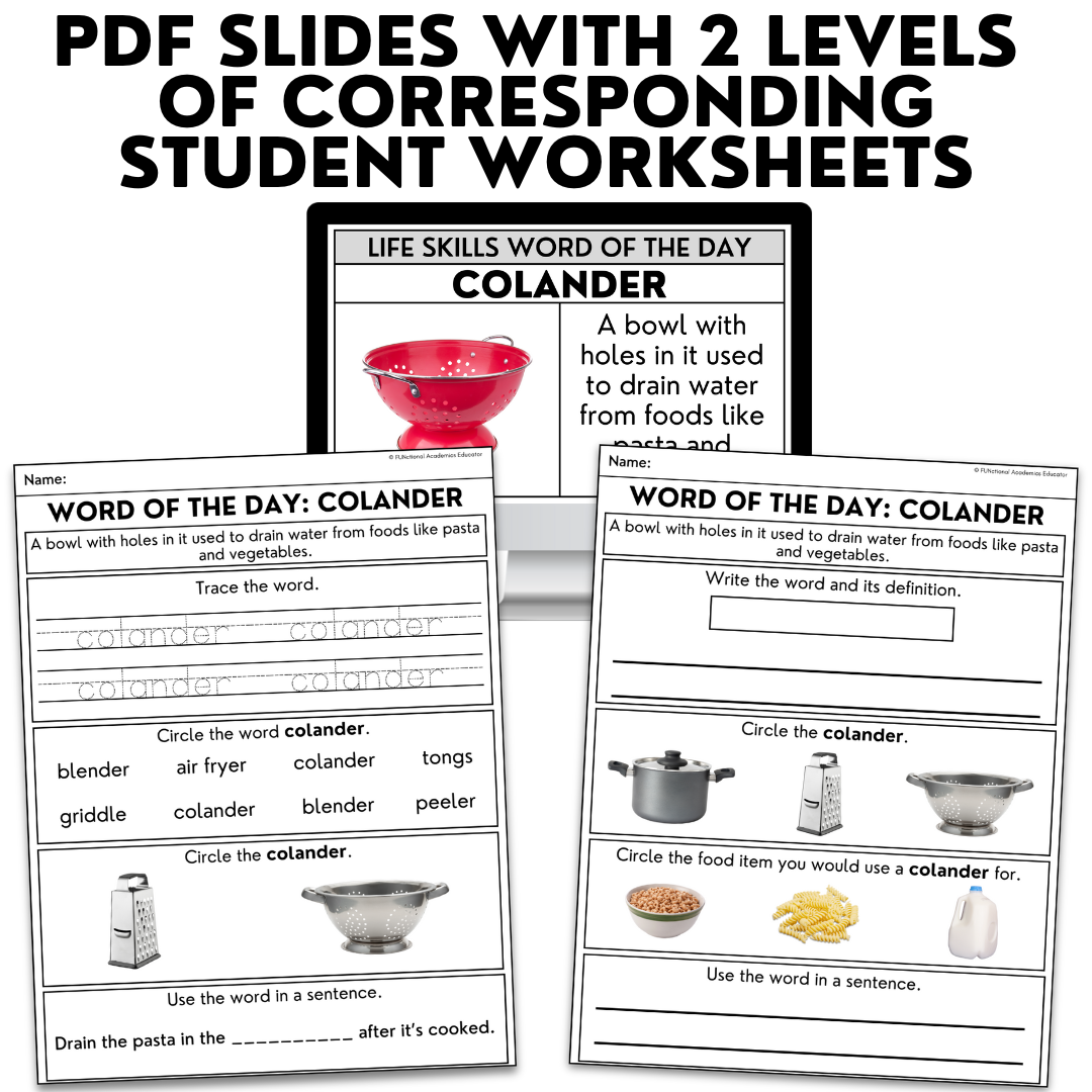 Kitchen Tools Unit 1 Bundle - Life Skills Word of the Day Level 1 & 2