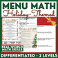 Holiday Menu Math - Calculating Total Cost & Change Back - Christmas