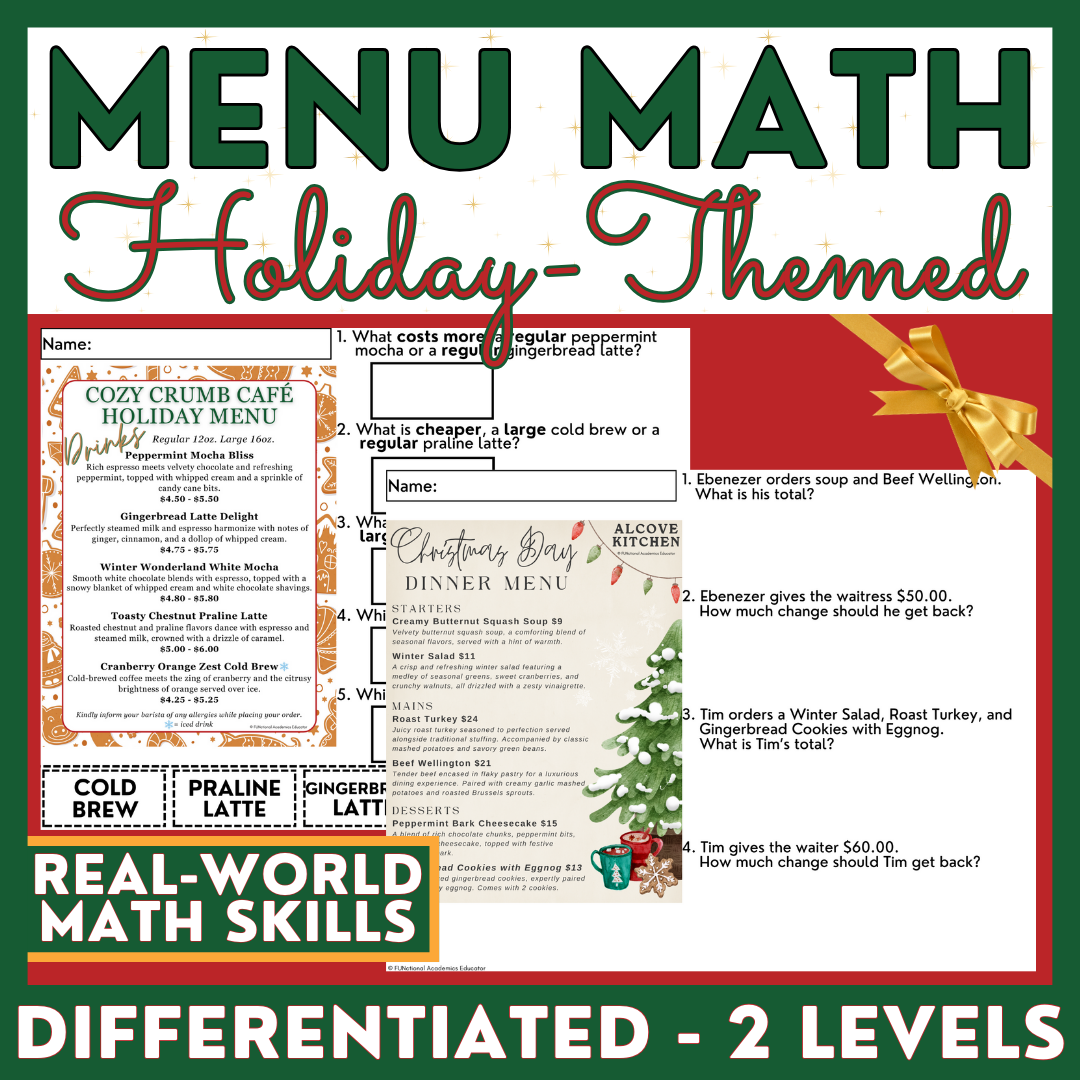 Holiday Menu Math - Calculating Total Cost & Change Back - Christmas ...