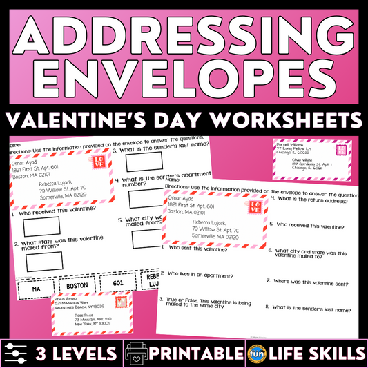 Addressing & Reading Envelopes - Valentine's Day Worksheets - Life Skills