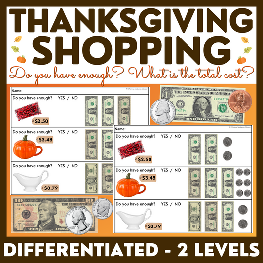 Thanksgiving Shopping Task Cards/ Worksheets  - Money Math - Special Education