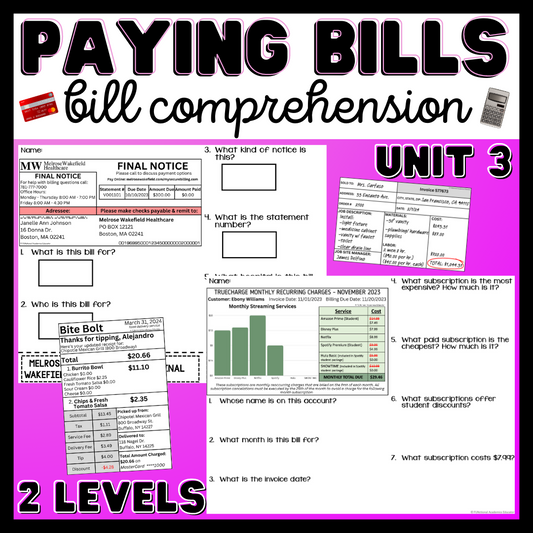 Paying Bills/ Bill Comprehension - Unit 3 - Life Skills