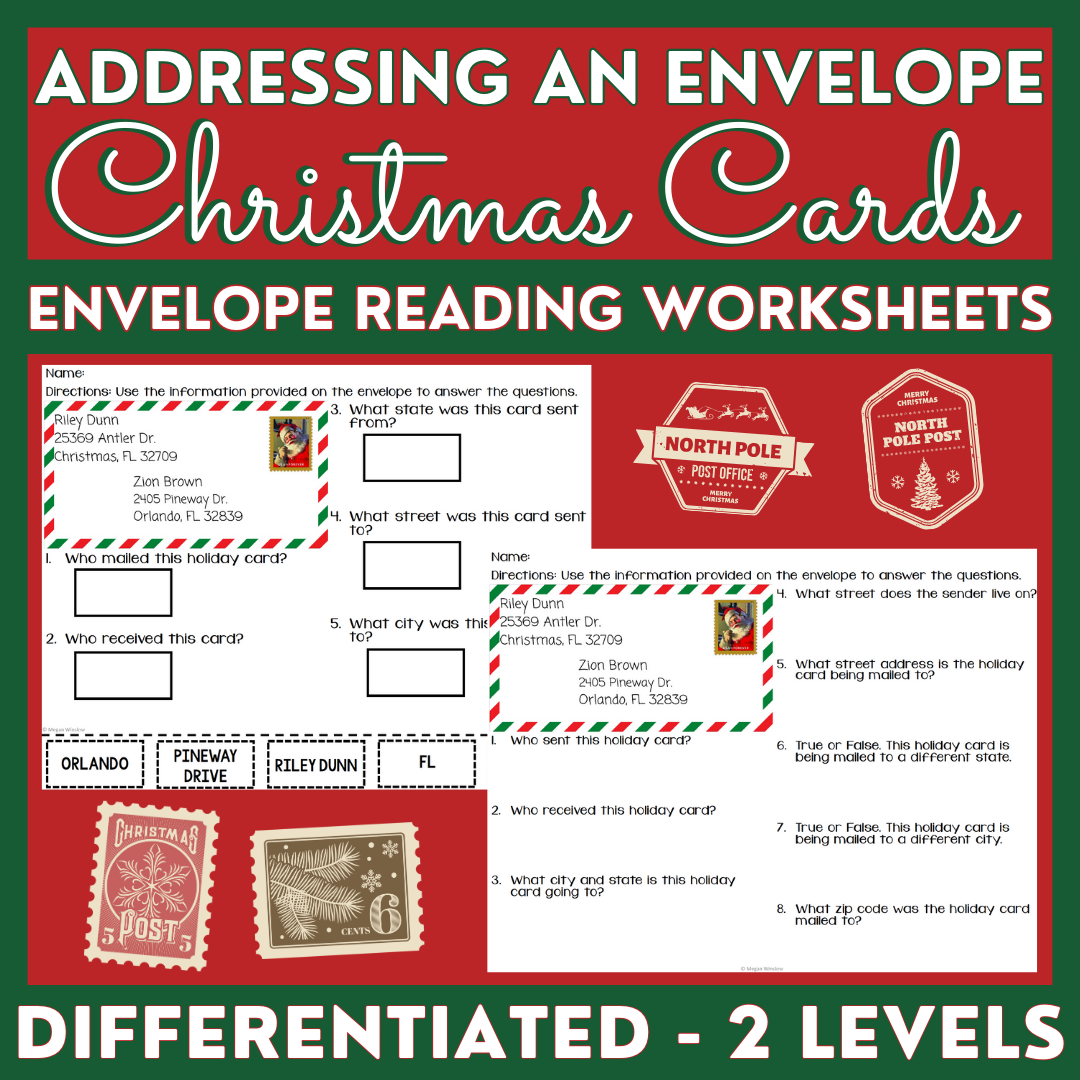 Envelope Reading Worksheets: Learn to Address Holiday & Christmas Cards