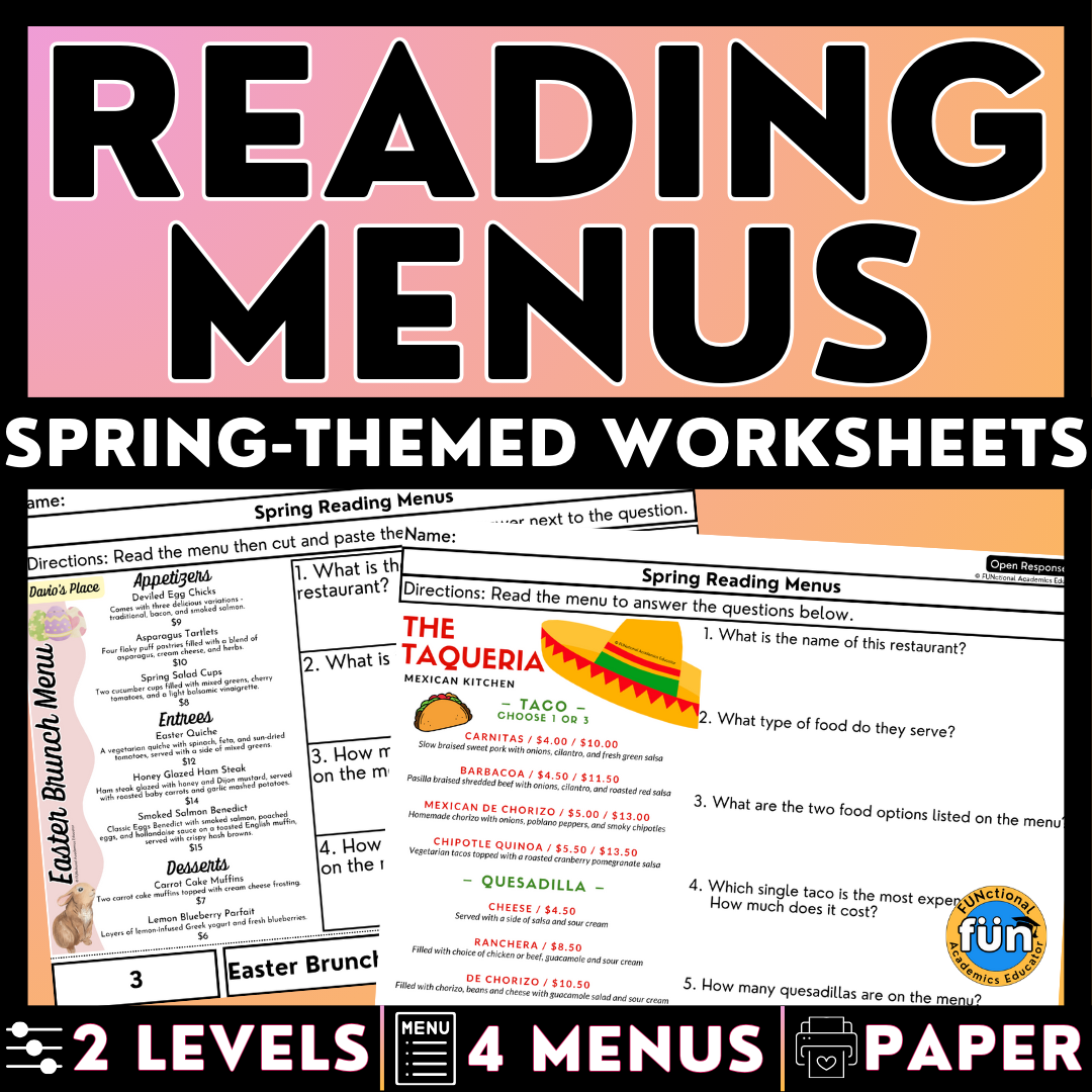 Reading Menus - Spring-Themed Worksheets - Real-World Reading & Life S ...
