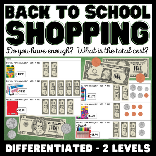 Back to School Shopping Task Cards/ Worksheets  - Money Math - Special Education