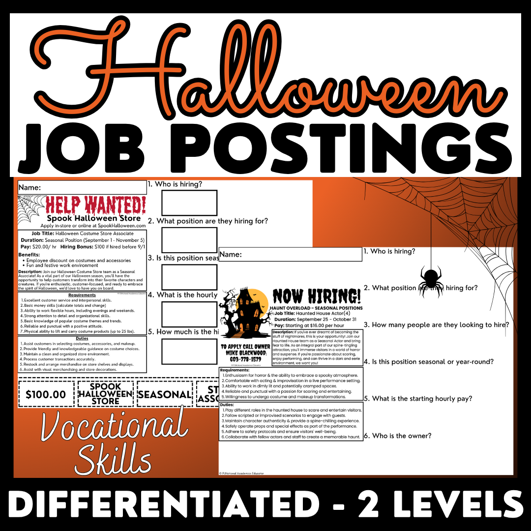 Halloween Job Postings - Functional Reading - Vocational