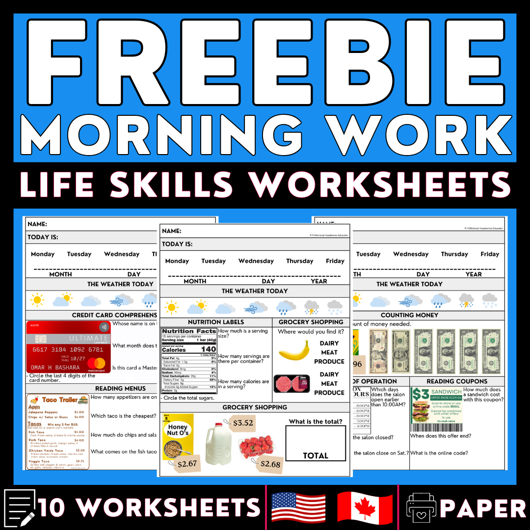 FREEBIE Morning Work - 1 Week of Life Skills Worksheets - Special Education