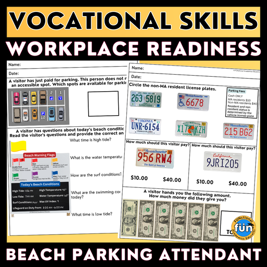 Beach Parking Attendant - Vocational Skills Worksheets -  Workplace Readiness - Job Skills - Summer