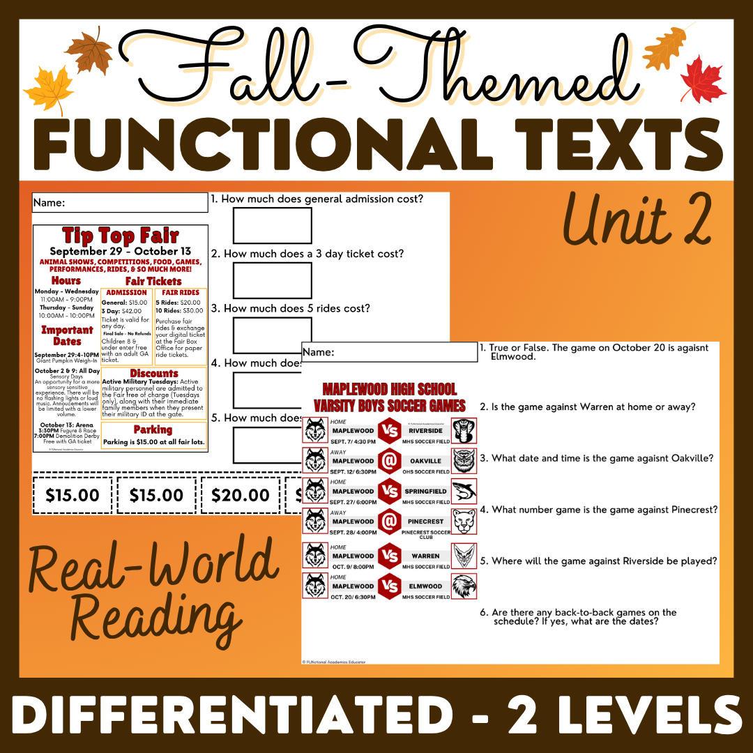 Fall-Themed Functional Texts - Functional Reading - Unit 2