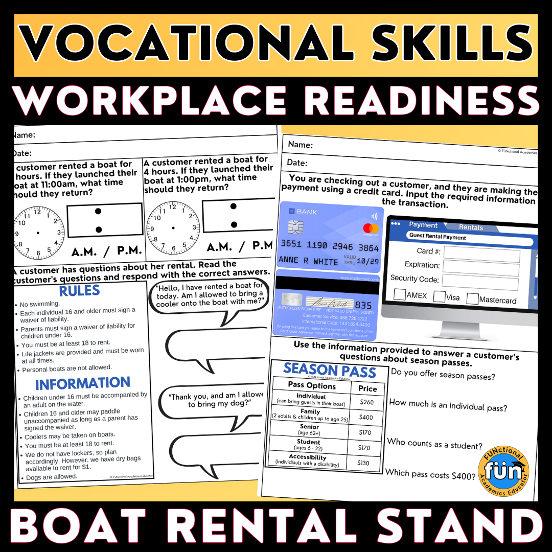 Boat Rental Stand - Voc Skills Worksheets - Workplace Readiness - Job Skills