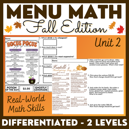 Fall Menu Math Unit 2 - Calculating Total Cost & Change Back - Life Skills