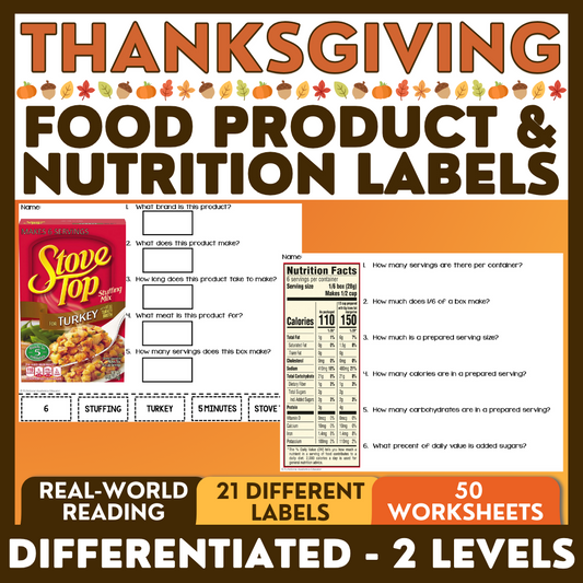 Thanksgiving Food Product & Nutrition Label Comprehension - Special Education