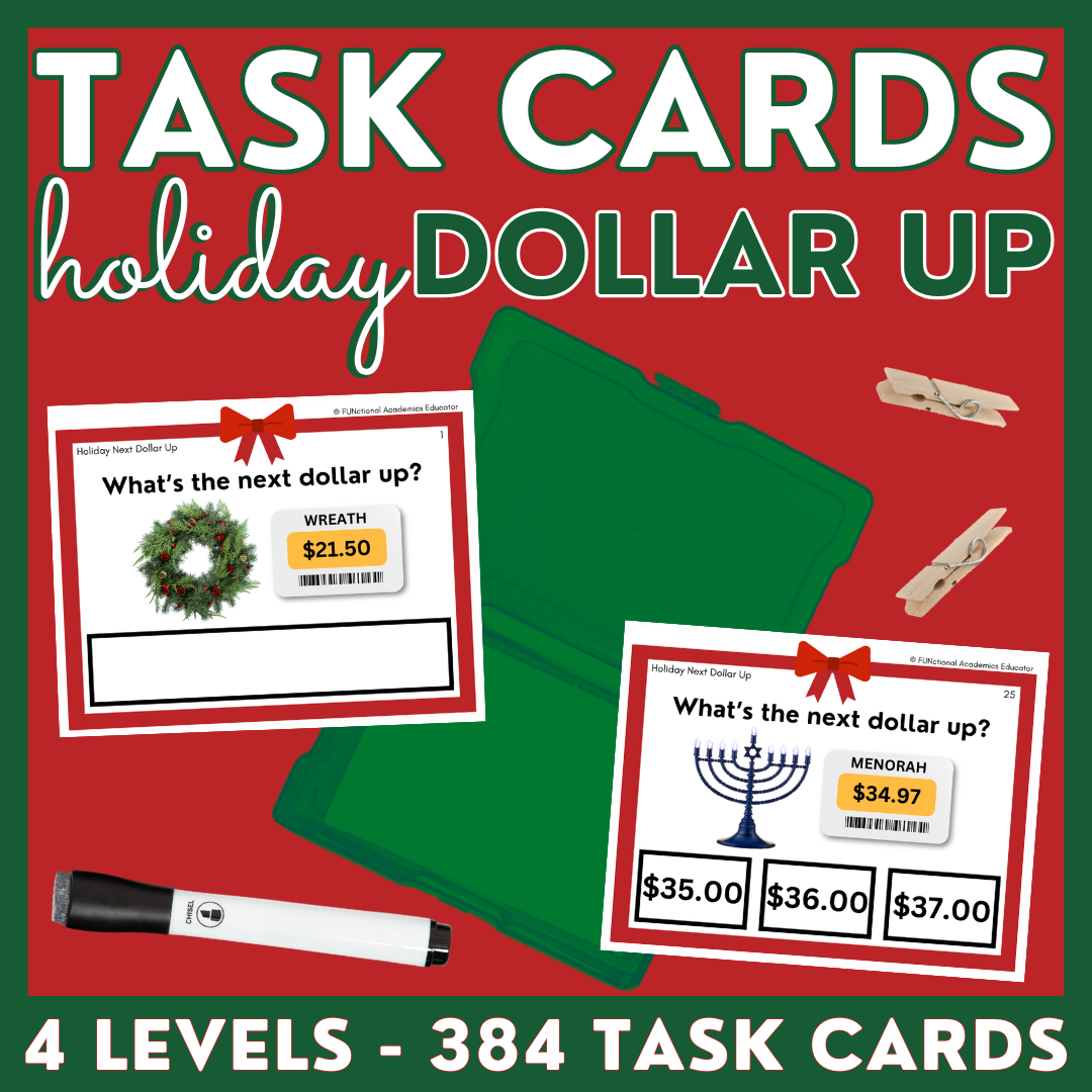 Holiday Dollar Up Task Cards - Christmas - REAL PHOTOS - Rounding - Life Skills