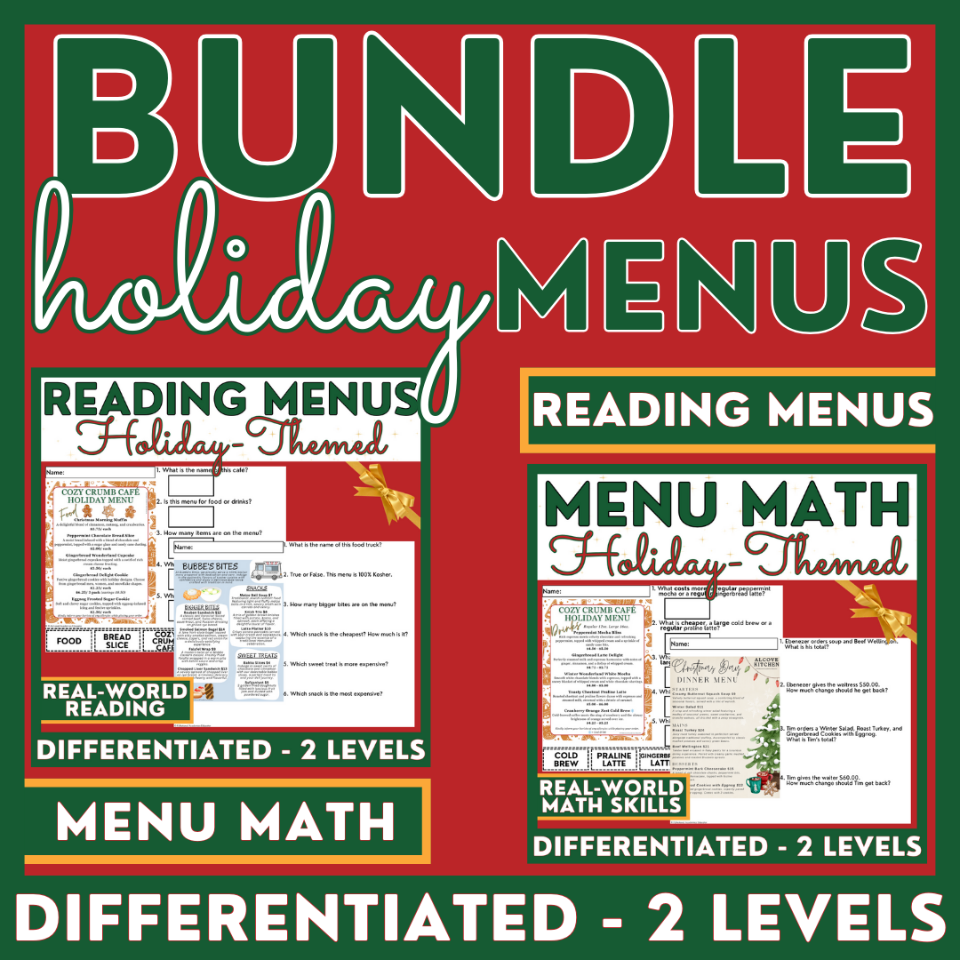 Holiday Menus BUNDLE - Reading Menus & Menu Math - Life Skills - Christmas