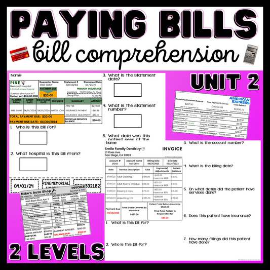 Paying Bills/ Bill Comprehension - Unit 2 - Life Skills