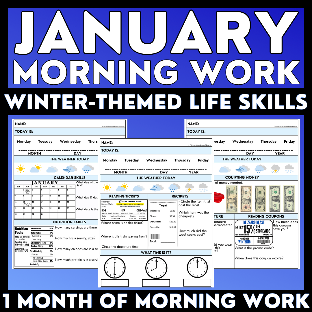 January Morning Work - Winter-Themed Life Skills - Special Education Worksheets