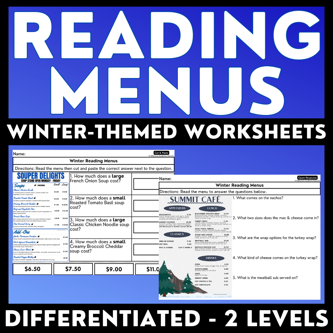 Reading Menus - Winter-Themed Worksheets - Real-World Reading & Life S ...