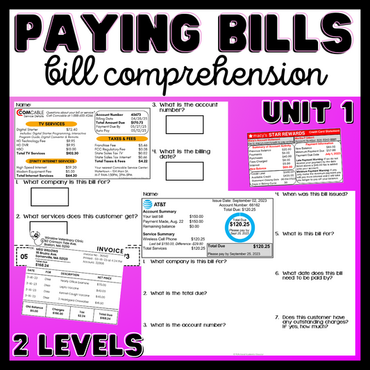 Paying Bills/ Bill Comprehension - Unit 1 - Life Skills