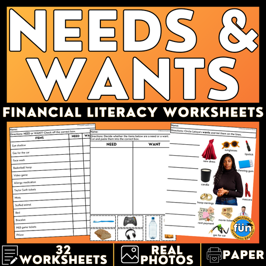 Needs & Wants Financial Literacy Worksheets - Life Skills Budgeting & Economics