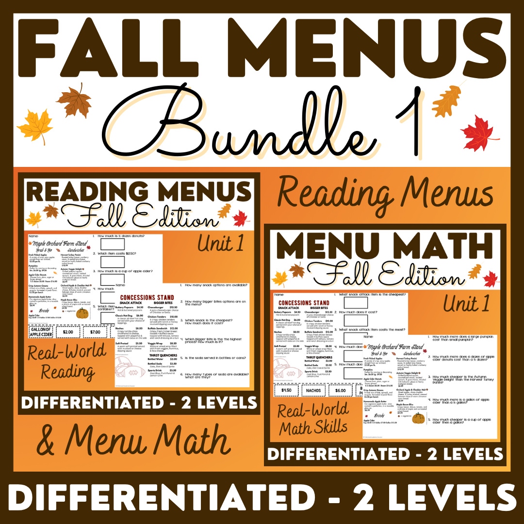 Fall Menus BUNDLE 1 - Reading Menus & Menu Math - Life Skills ...