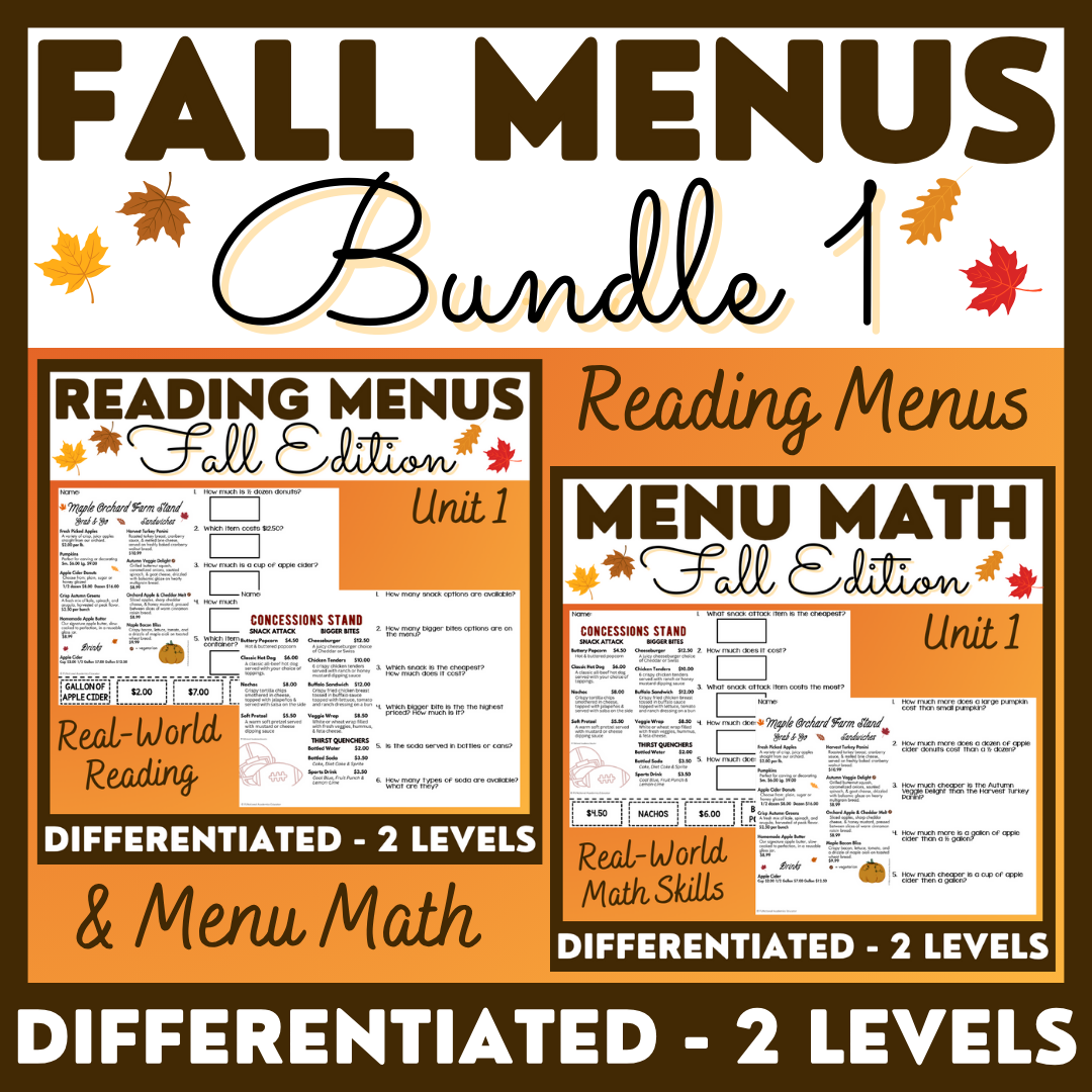 Fall Menus BUNDLE 1 - Reading Menus & Menu Math - Life Skills