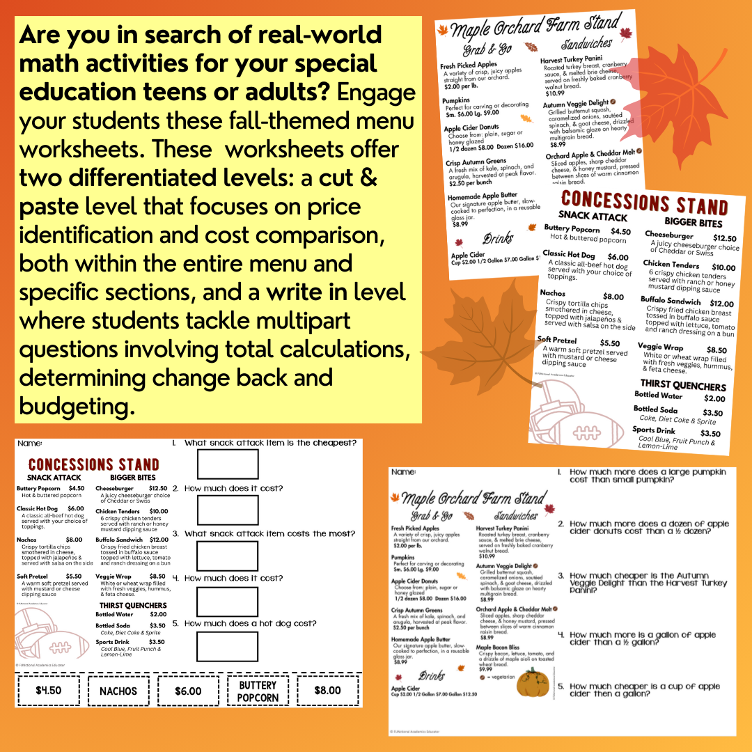 Fall Menu Math Unit 1 - Calculating Total & Change Back - Life Skills