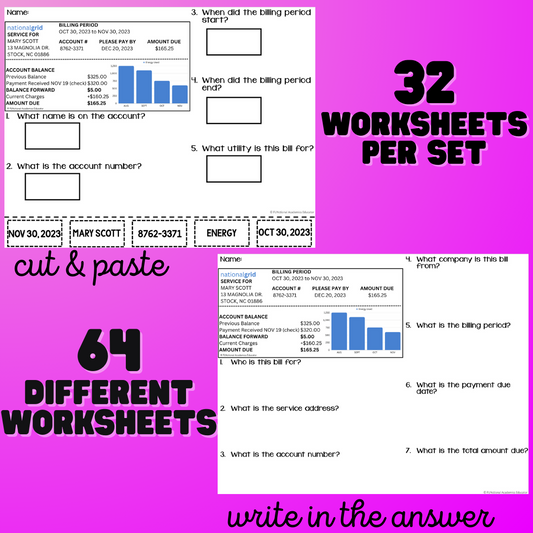 Paying Utility Bills/ Utility Bill Comprehension - Unit 1 - Life Skills