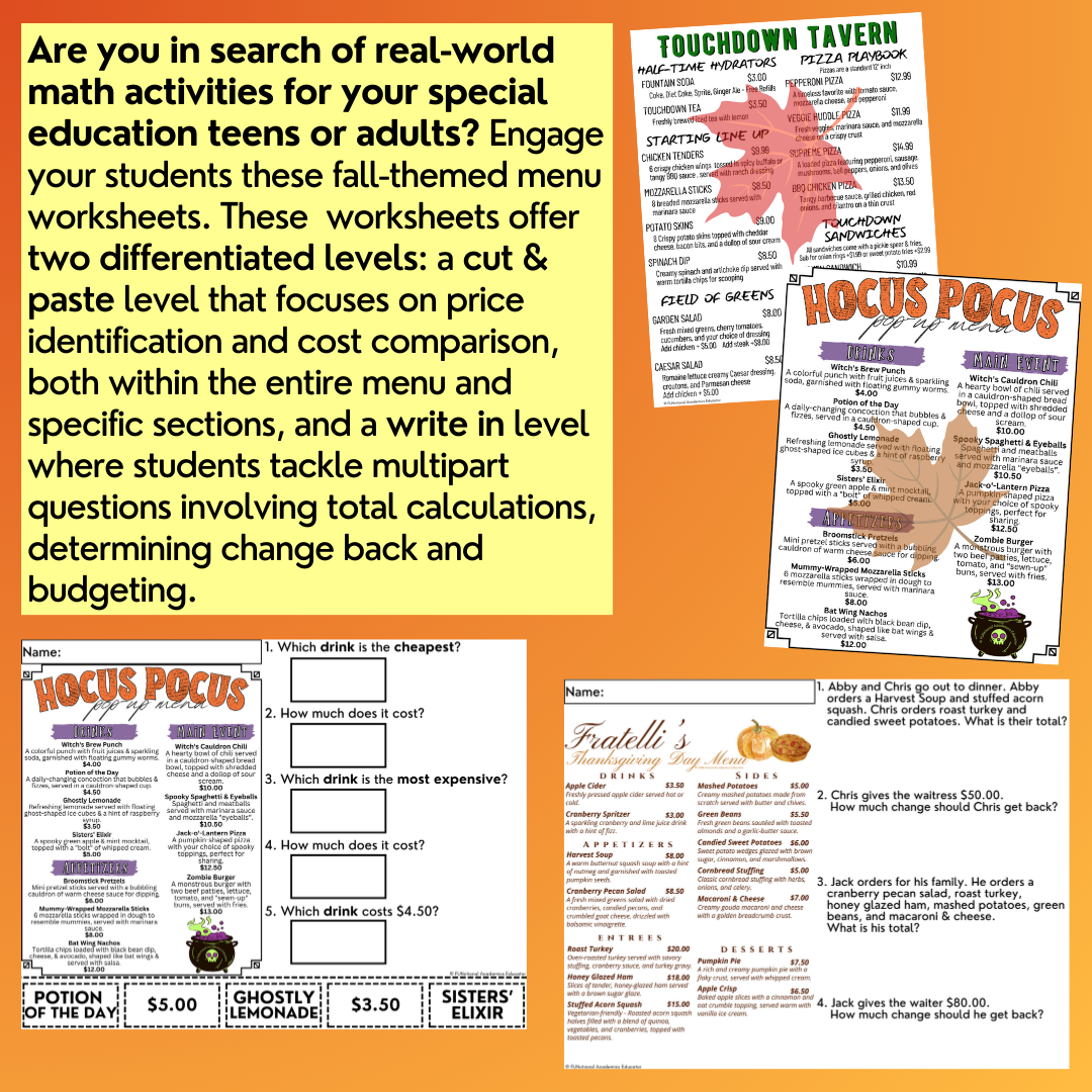 Fall Menu Math Unit 2 - Calculating Total Cost & Change Back - Life Skills