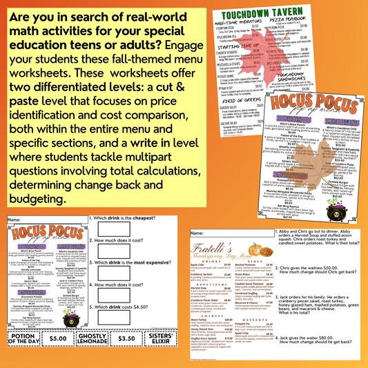 Fall Menu Math Unit 2 - Calculating Total Cost & Change Back - Life Skills