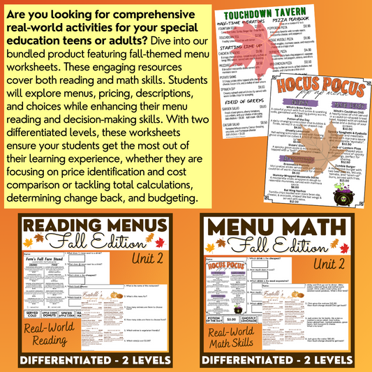 Fall Menus BUNDLE 2 - Reading Menus & Menu Math - Life Skills