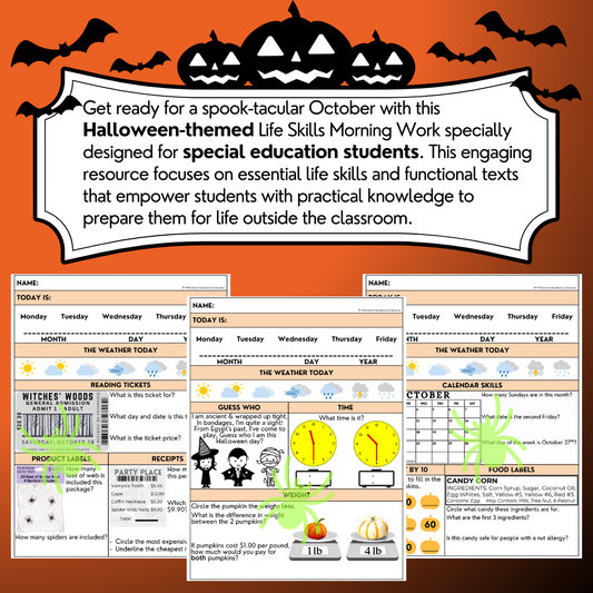 October Life Skills Morning Work - Halloween Themed - Special Education