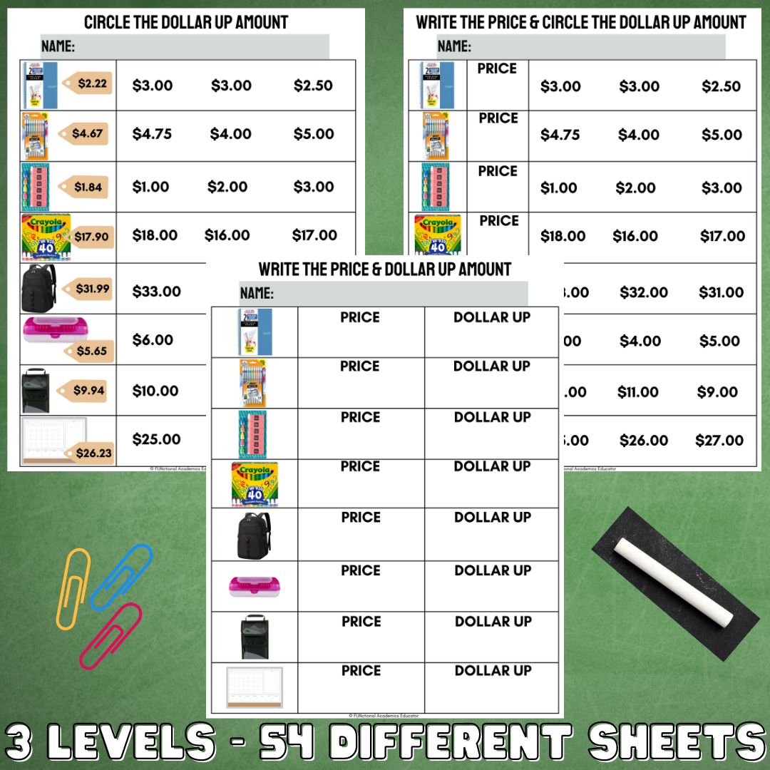 Dollar Up Shopping Worksheets - Back to School Store - Life Skills