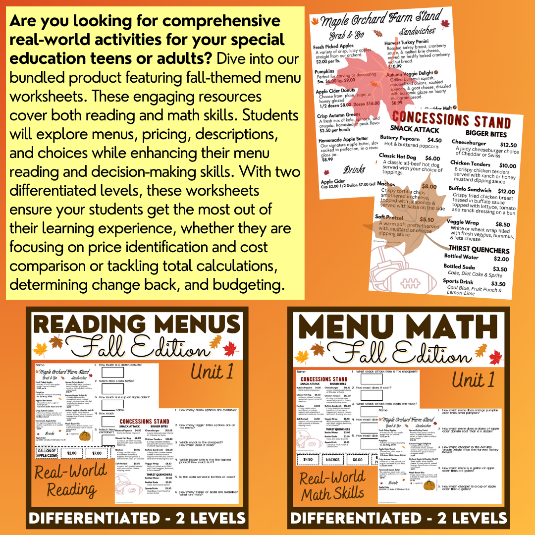 Fall Menus BUNDLE 1 - Reading Menus & Menu Math - Life Skills