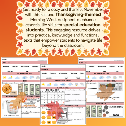 November Life Skills Morning Work - Thanksgiving-Themed - Special Education